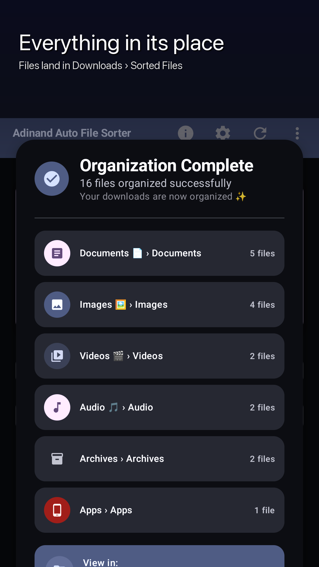 A summary screen after sorting, listing each category and how many files went into it