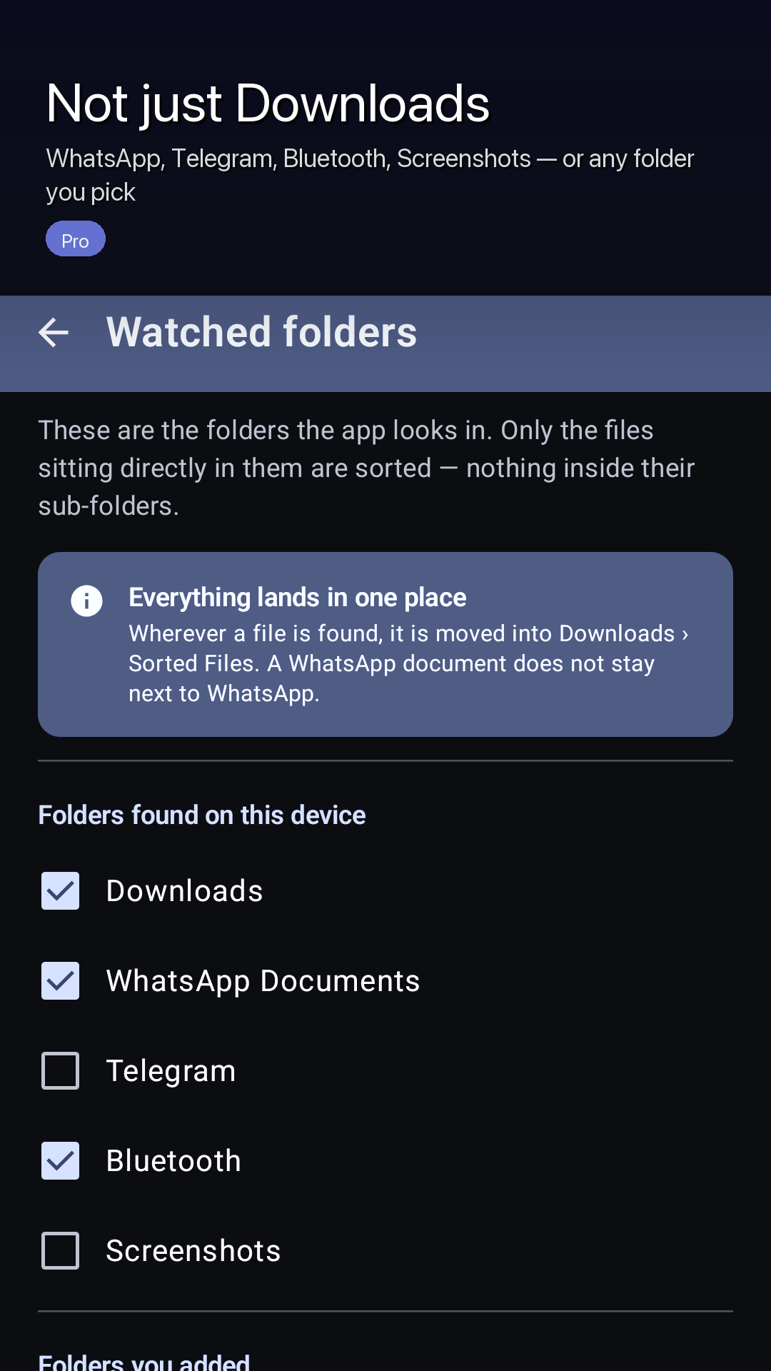 The Watched folders screen listing Downloads, WhatsApp Documents, Telegram, Bluetooth and Screenshots
