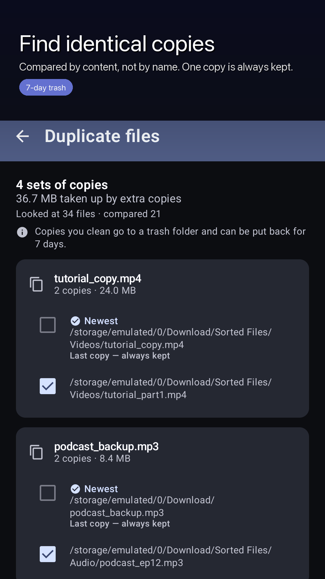 The Duplicate files screen showing sets of identical copies with one marked as always kept