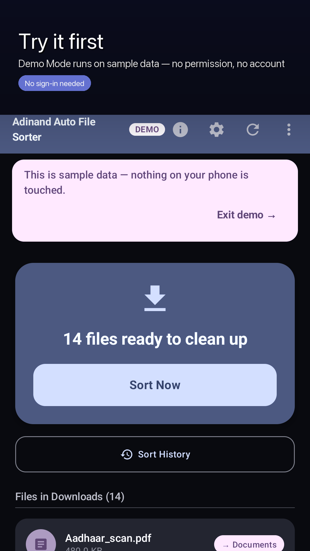 Demo Mode running on sample data with a banner reading nothing on your phone is touched
